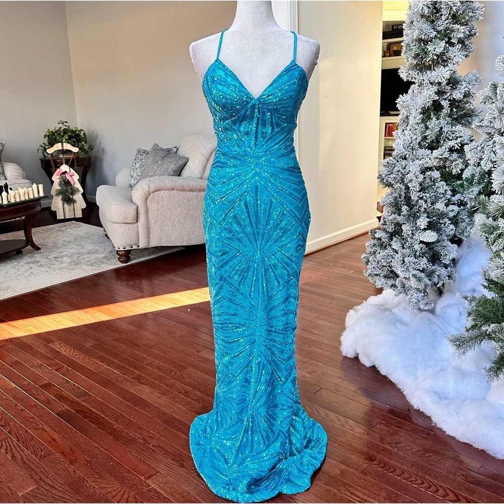 City Triangles Aztec Strappy Corset Back Blue Fully Sequined Gown Dress